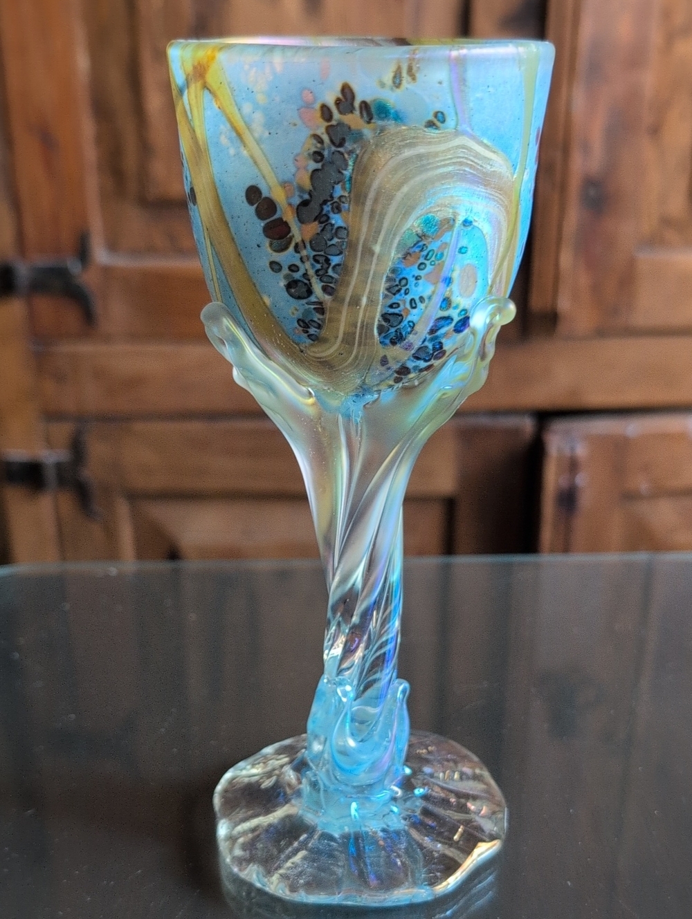 Martino Art Glass Iridescent Blue Gold Twist Stem Wine Goblet 8" 1994 Rare